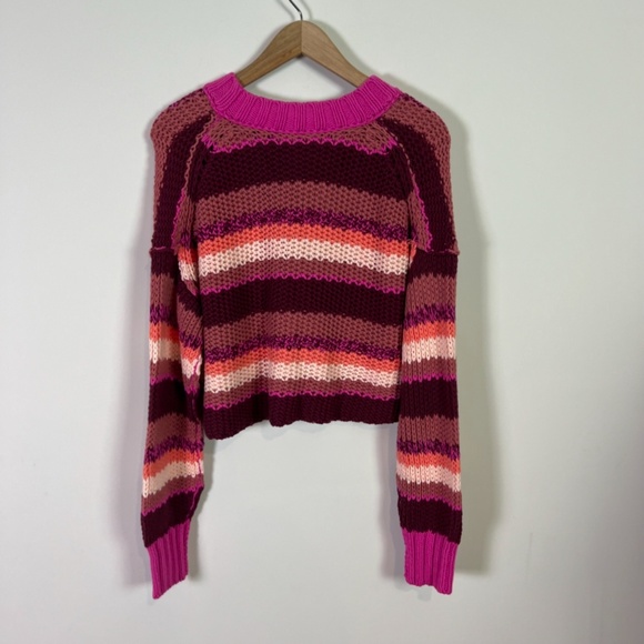 Free People Fuchsia Rose Combo Devon Open Knit Cropped Sweater Women X Small New - Picture 5 of 6